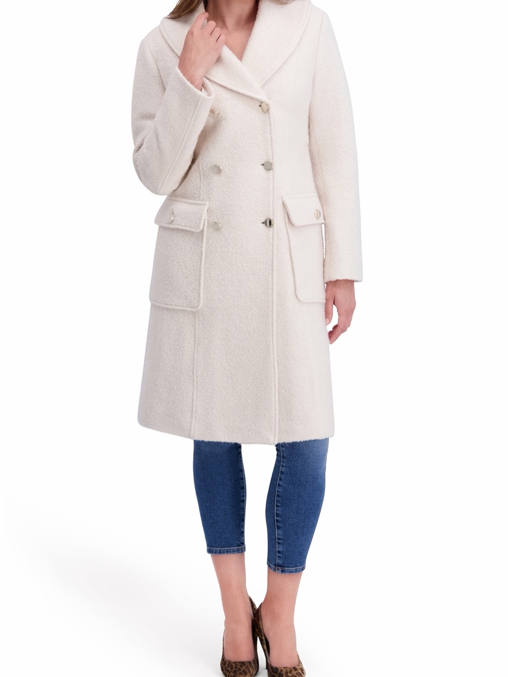 Kensie Off-white Double-Breasted Bouclé Walker Coat NEW Sz. M Midi